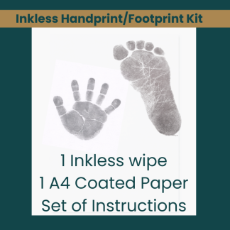 image of a child's ink handprint and footprint on white paper. Text reads, Inkless Handprint/Footprint kit. Text at the bottom reads, 1 inkless wipe, 1 A4 Coated paper, Set of Instructions.