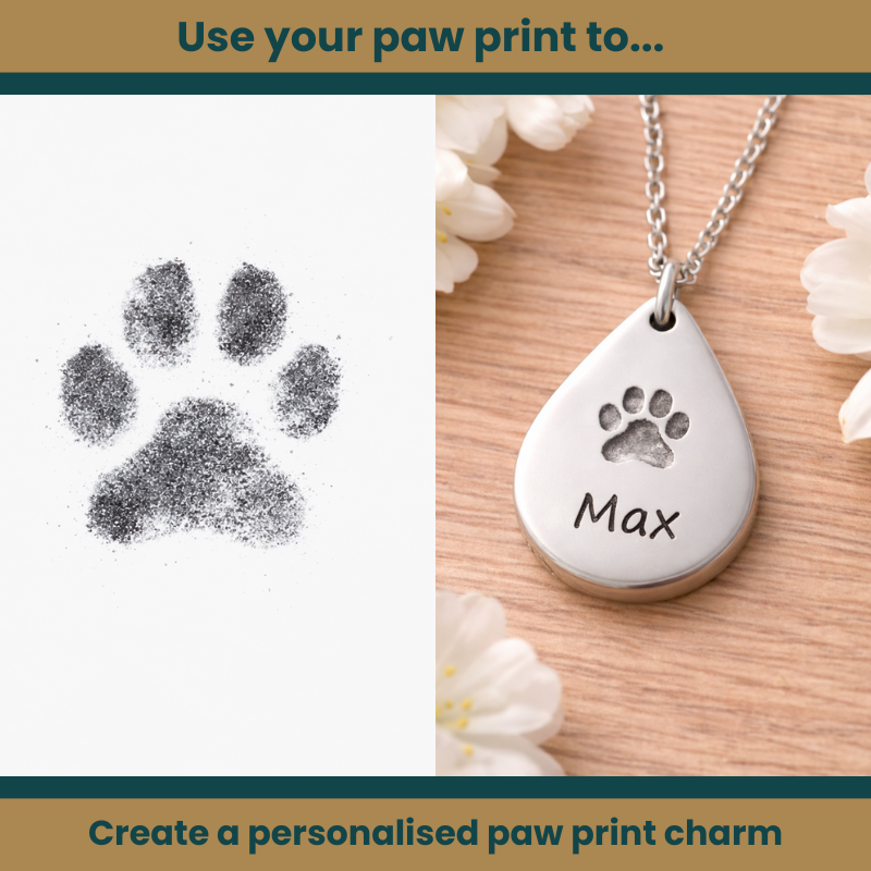 two images, side by side showing an ink paw print and a personalised, silver, teardrop, paw print necklace. This is to demonstrate that the print can be used to create a custom charm. Text at the top reads, 'Use your paw print too...' Text at the bottom reads, 'Create a pesonalised paw print charm.'