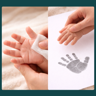 A Baby's hand is being wiped with an inkless wipe. Photo beside it shows ink handprint on white paper and adult hand lifting baby hand off the paper to reveal the handprint.
