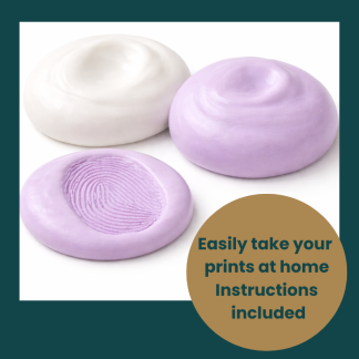 Two part, lilac and white blobs of silicone moulding putty next to a complete fingerprint mould. Text reads, 'Easily take your prints at home, instructions included'.