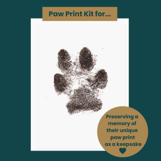 Ink paw print on A4 white paper with text at the top that reads, 'Paw Print Kit for...' Text at the bottom reads, 'Preserving a memory of their unique paw print as a keepsake.'