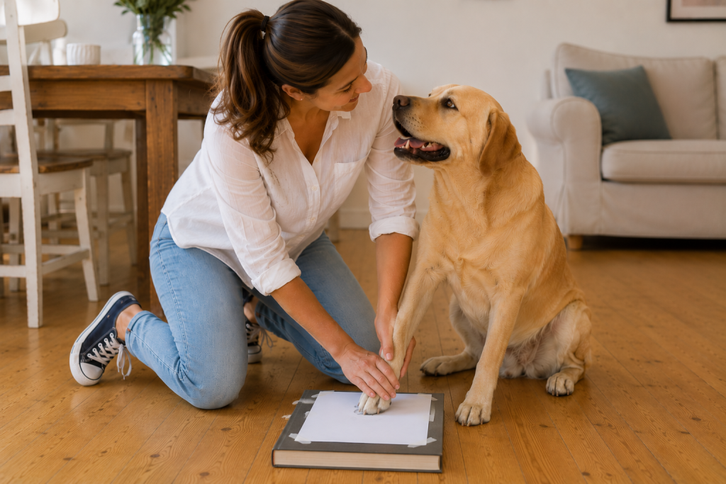 A lady dog owner looks lovingly at her dog whilst she takes her dog's paw print on paper that is taped down to a book to keep the paper in place. She is using the paw that is not weight bearing to have more control of capturing the paw print.