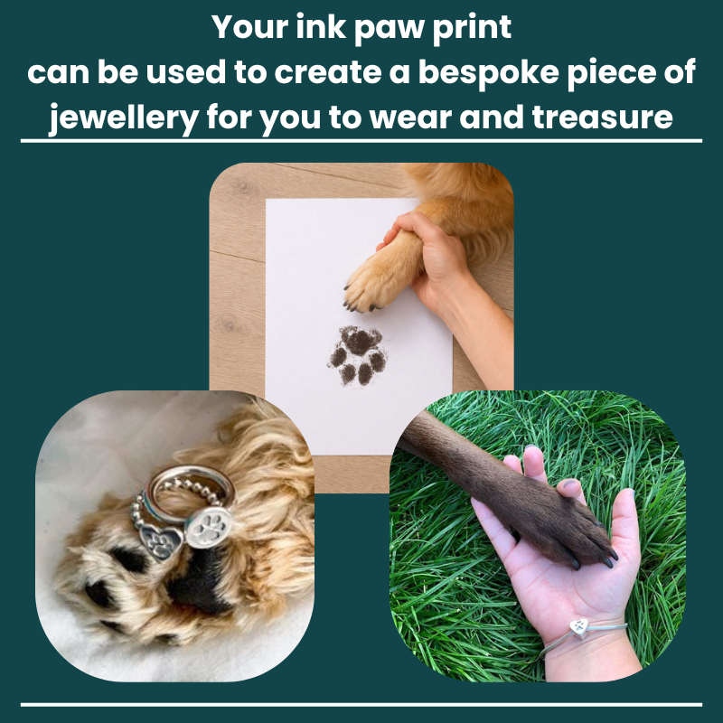 Text expains that your ink paw print that you have on paper can be used to create a bespoke, piece of paw print jewellery for you to wear and treasure. One image shows an ink paw print on paper with a hand gently holding the paw print over the print. The second image is off two silver, paw print rings, resting on the paw of a dog. The last image is of a dog's paw resting in the palm of its owner's hand. The owner is wearing a silver paw print bead, neacklace.